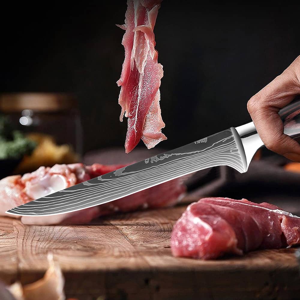 Set de 8 Couteaux de Cuisine Lame Motif Bois - Manche Résine Bois Fossilisé