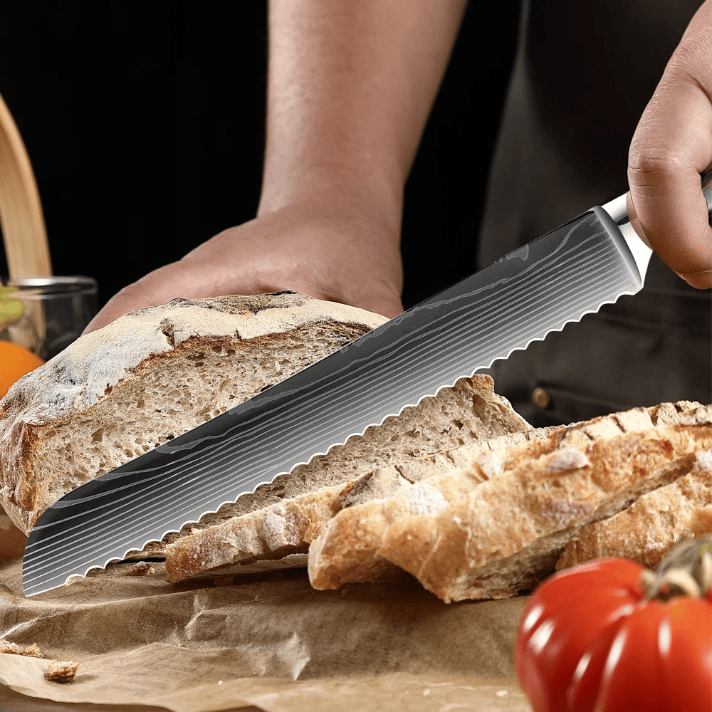 Set de 8 Couteaux de Cuisine Lame Motif Bois - Manche Résine Bois Fossilisé