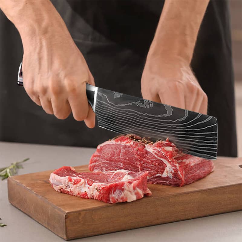 Set de 8 Couteaux de Cuisine Lame Motif Bois - Manche Résine Bois Fossilisé
