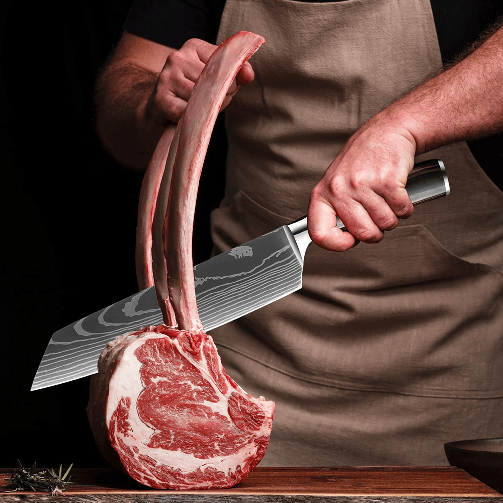 Set de 8 Couteaux de Cuisine Lame Motif Bois - Manche Résine Bois Fossilisé