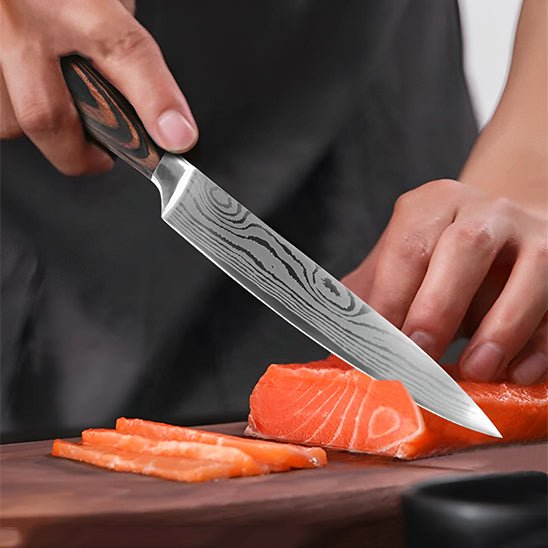 Set de 8 Couteaux de Cuisine Lame Motif Bois - Manche Résine Bois Fossilisé