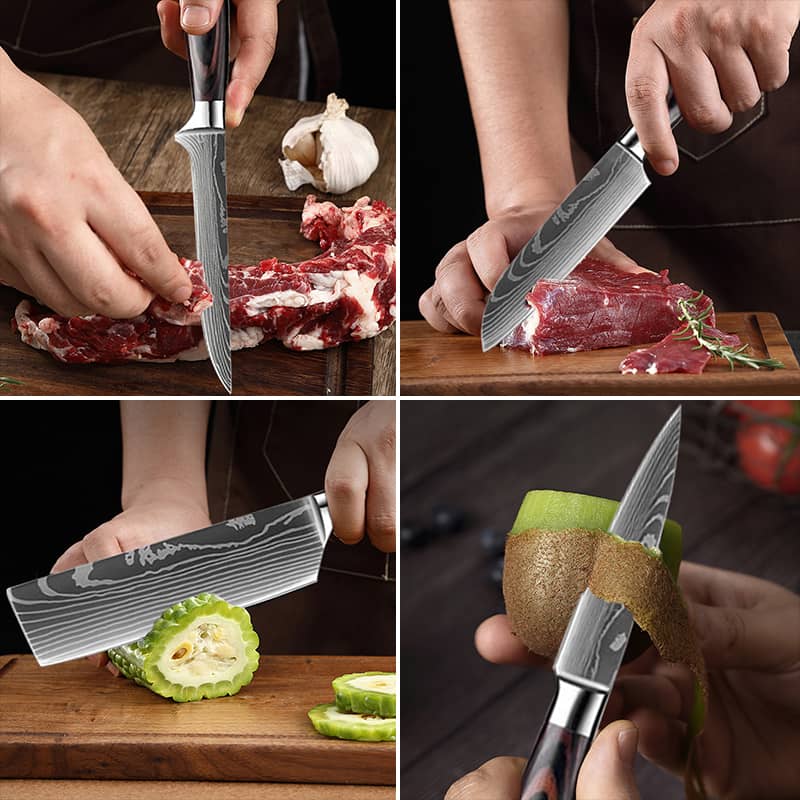 Set de 8 Couteaux de Cuisine Lame Motif Bois - Manche Résine Bois Fossilisé