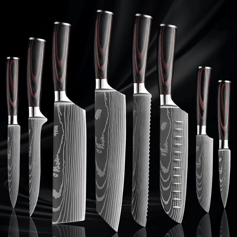 Set de 8 Couteaux de Cuisine Lame Motif Bois - Manche Résine Bois Fossilisé