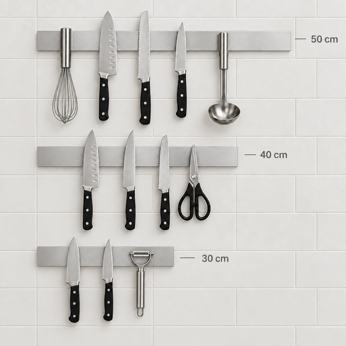 Comparaison des porte-couteaux aimantes muraux de 30, 40, et 50 cm