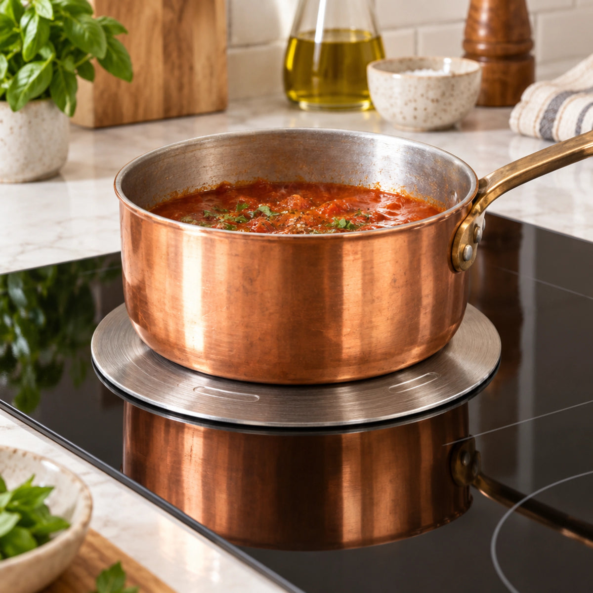 casserole en cuivre posée sur un adaptateur de plaque induction