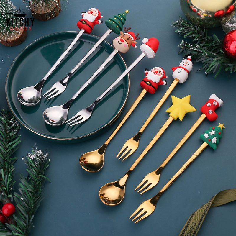 Ensemble De 6 Cuillères à Café/dessert De Noël En Inox - Avec Pendentifs Festifs (Père Noël, Sapin, Renne...), Pour Décoration De Table Et Cadeau