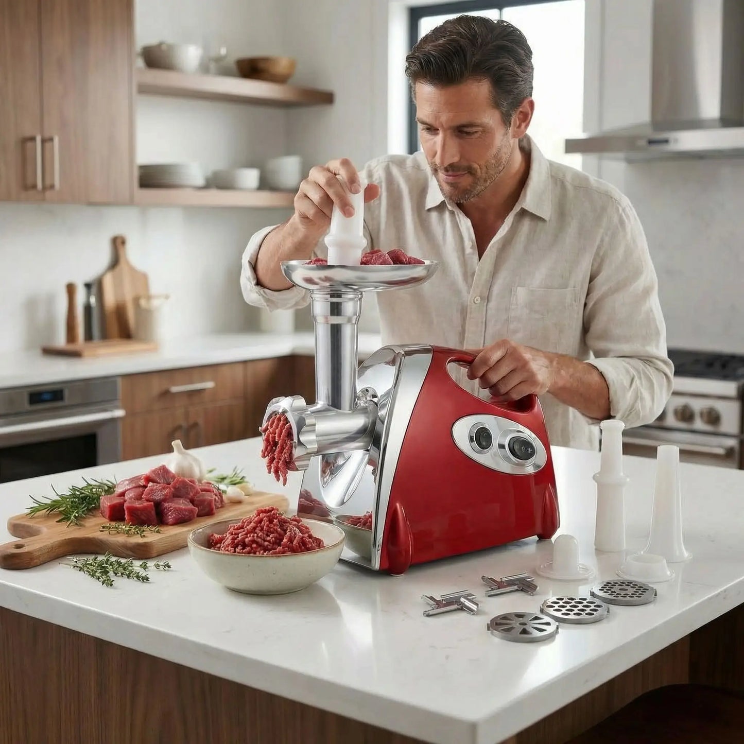 Hachoir à viande électrique utilisé dans une cuisine moderne