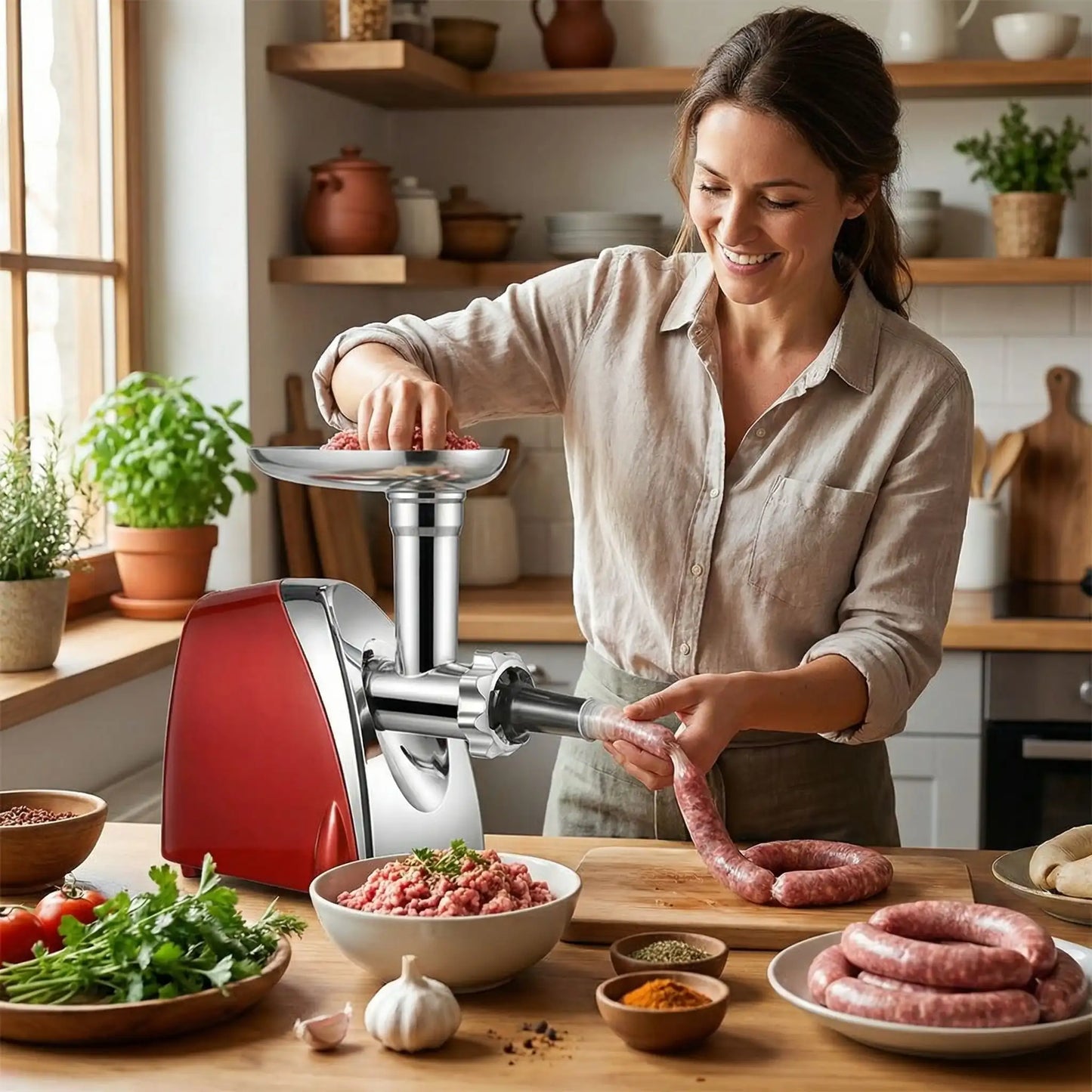 Préparation de saucisses maison avec hachoir à viande électrique