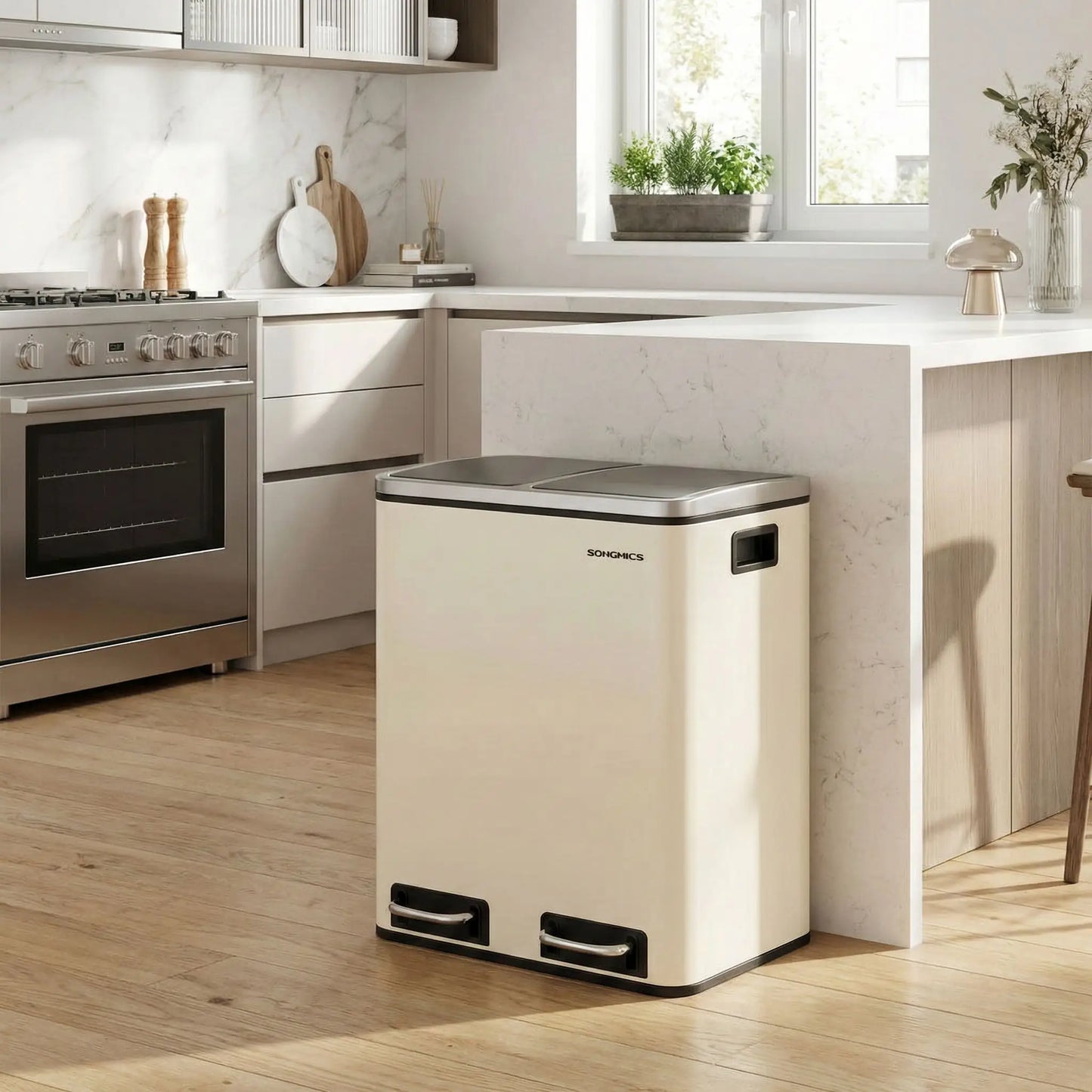 poubelle de cuisine tri 2x15l crème