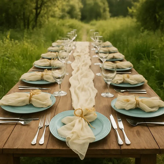 Vue du dessus d’un lot de 12 serviettes de table en gaze Boho pliées et alignées sur une table rustique