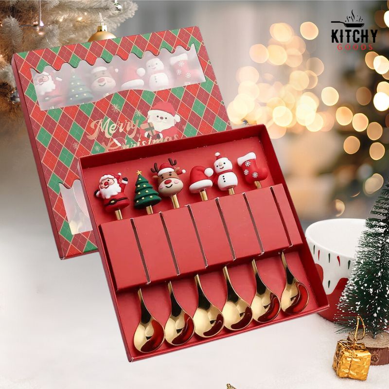 Cuillère à Café Noël En Acier Inoxydable - Décoration De Table, Cadeau Avent, Motifs Festifs (or, Rouge, Vert)